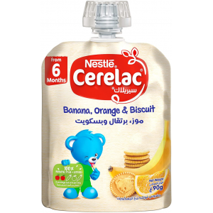 CERELAC FRUITS PUREE POUCH BANANA ORANGE BISCUIT 90 GM